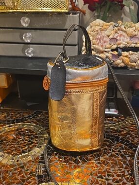 Metallic Gold Toiletry Cylinder Bag with Black Trim - Men